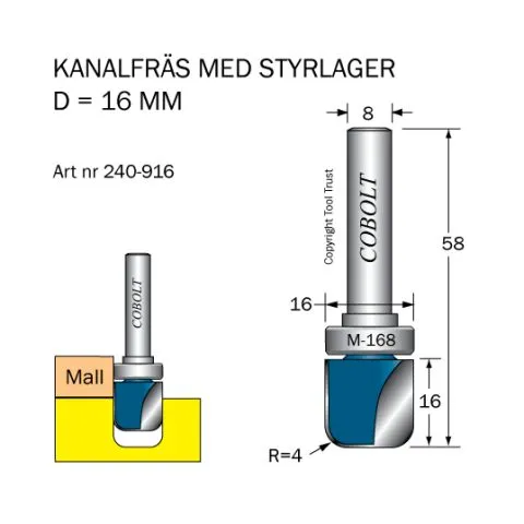 240-916 Cobolt Kanalfräs D=16 R=4 L=16 Reapris